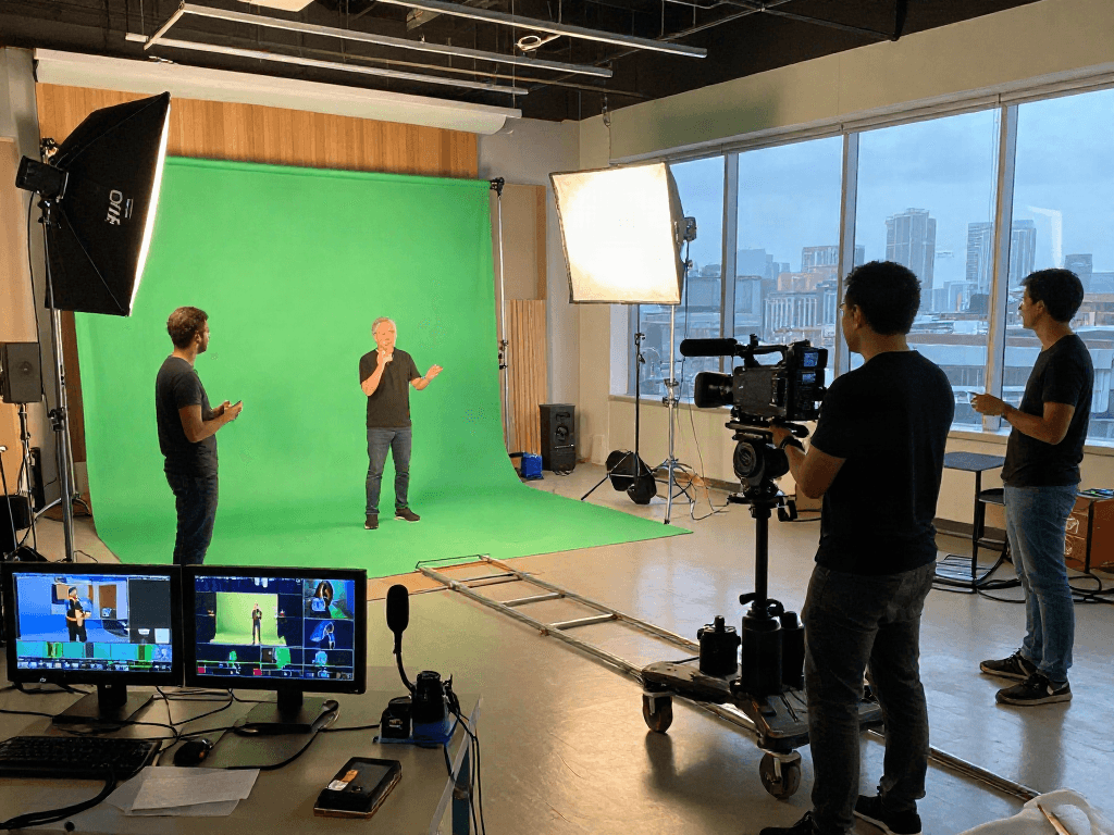 Filming team at work producing an Iron tv show in a modern studio.