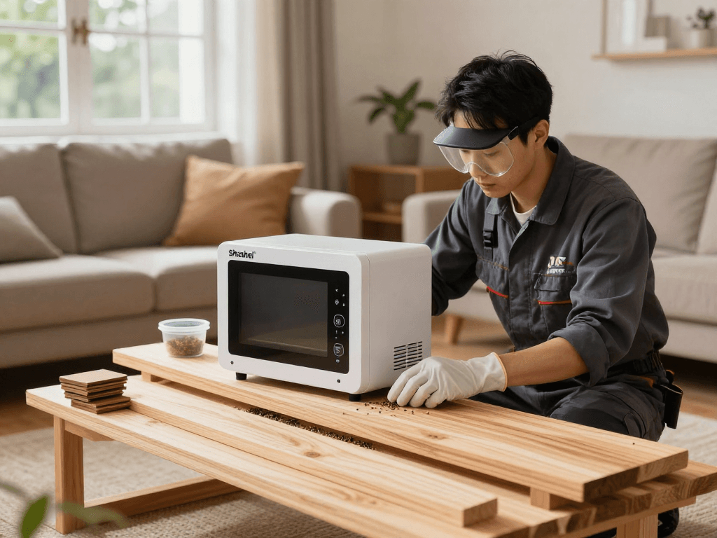Traitement de bois efficace avec Shashel®, un technicien utilisant un appareil à micro-ondes dans un salon lumineux.