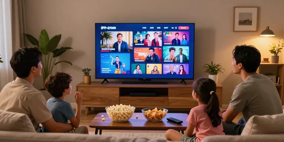 La famille profite d'un service Iron TV Pro sur un grand téléviseur, rires et collations autour.