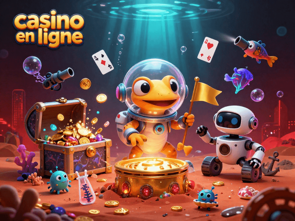 Jouer dans un casino en ligne avec une ambiance Martienne, des couleurs vives et un gécko en armure.