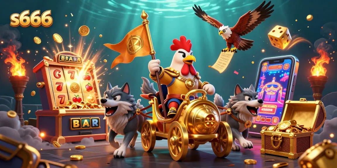 s666 players engaging in thrilling casino adventures with gold chests and vibrant slot machines