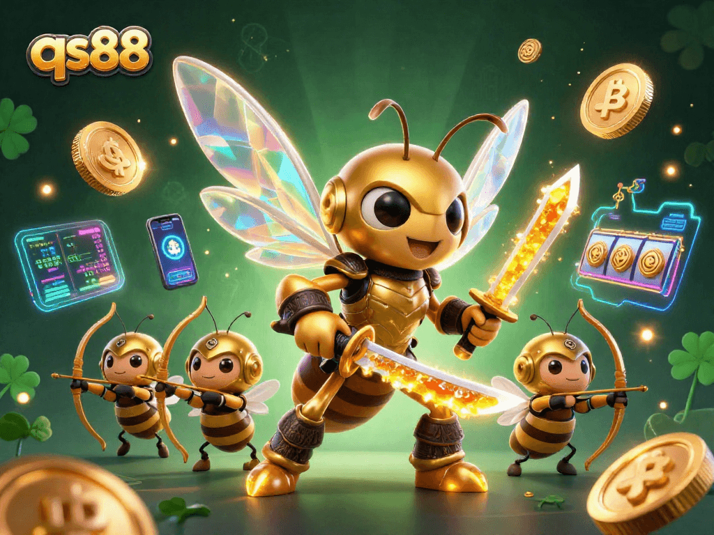 qs88 slots experience with vibrant characters, Bitcoin coins, and dynamic gameplay elements