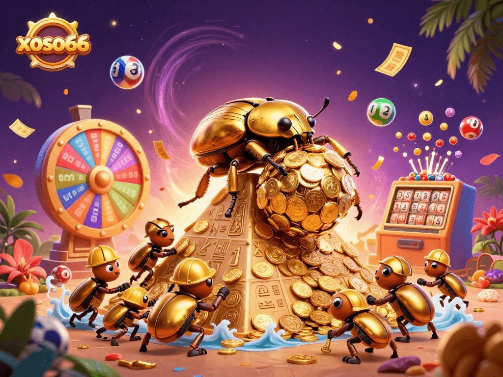 Play thrilling games at xoso66, featuring dynamic lottery balls and golden tickets in a vibrant casino scene.