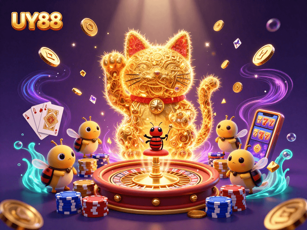 Catch big wins at UY88 with the vibrant lucky cat surrounded by cascading coins and casino symbols.