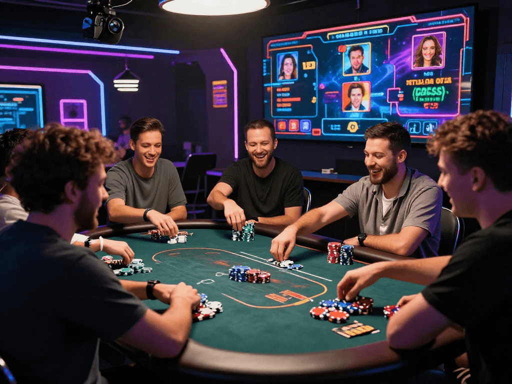 Un casino en ligne animé avec des joueurs engagés, échanges de jetons numériques, ambiance excitante et jeux variés.