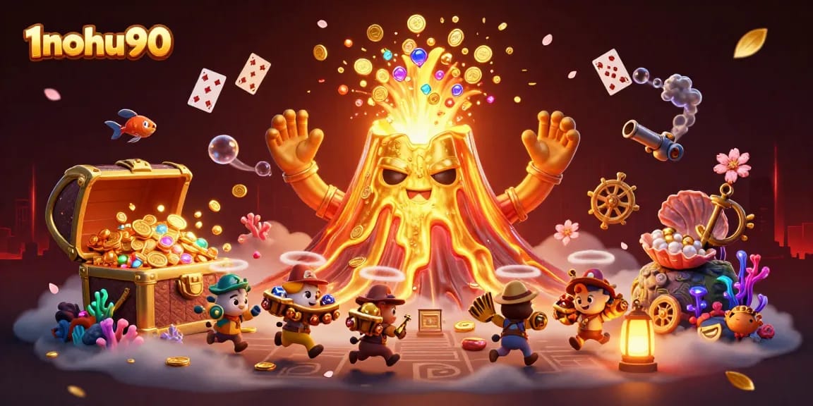 Experience the excitement of 1nohu90 in this dynamic casino-themed illustration with erupting treasures.