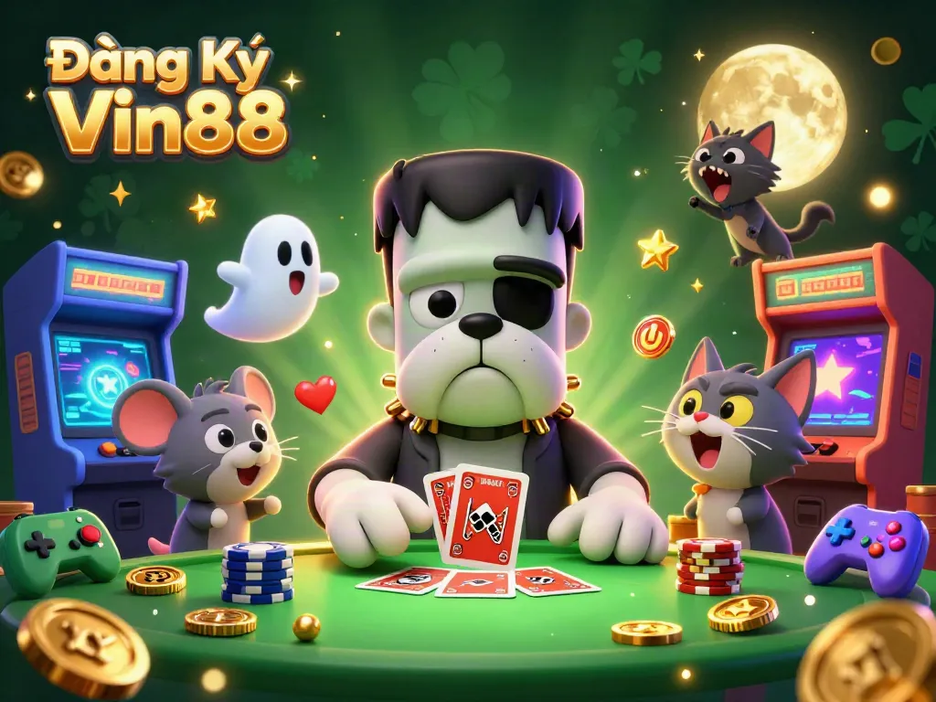 Engaging scene showcasing Đăng Ký Vin88 with a Frankenstein bulldog dealer and lively casino elements.