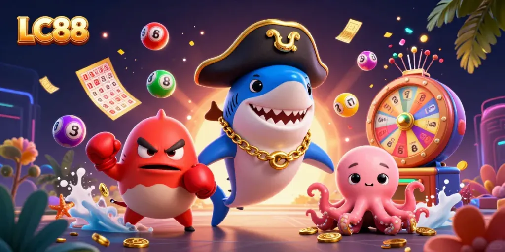 Engage with LC88's vibrant casino scene featuring animated characters and lottery elements.