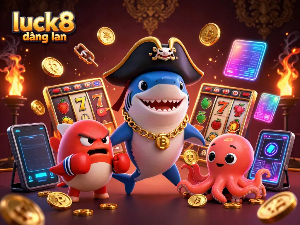 Join the excitement of luck8 đăng nhập with a vibrant cartoon casino scene featuring a playful shark, pufferfish, and octopus amidst slot machines and glowing cryptocurrency elements.