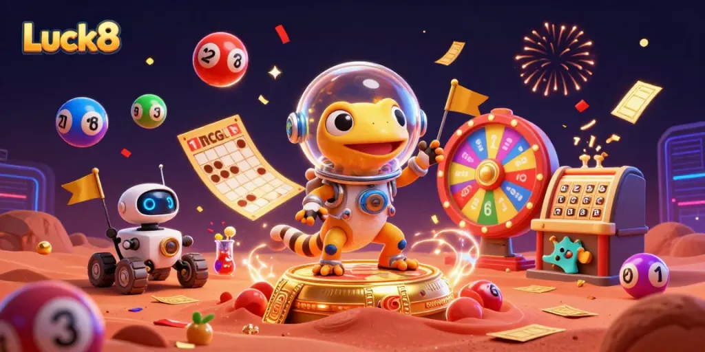 Luck8 features a Martian gecko and rover in a golden casino scene, celebrating with vibrant game elements.