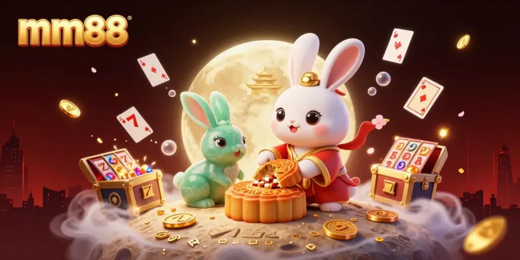 Engage with mm88's vibrant online casino experience featuring playful elements like poker chips and dynamic treasures.