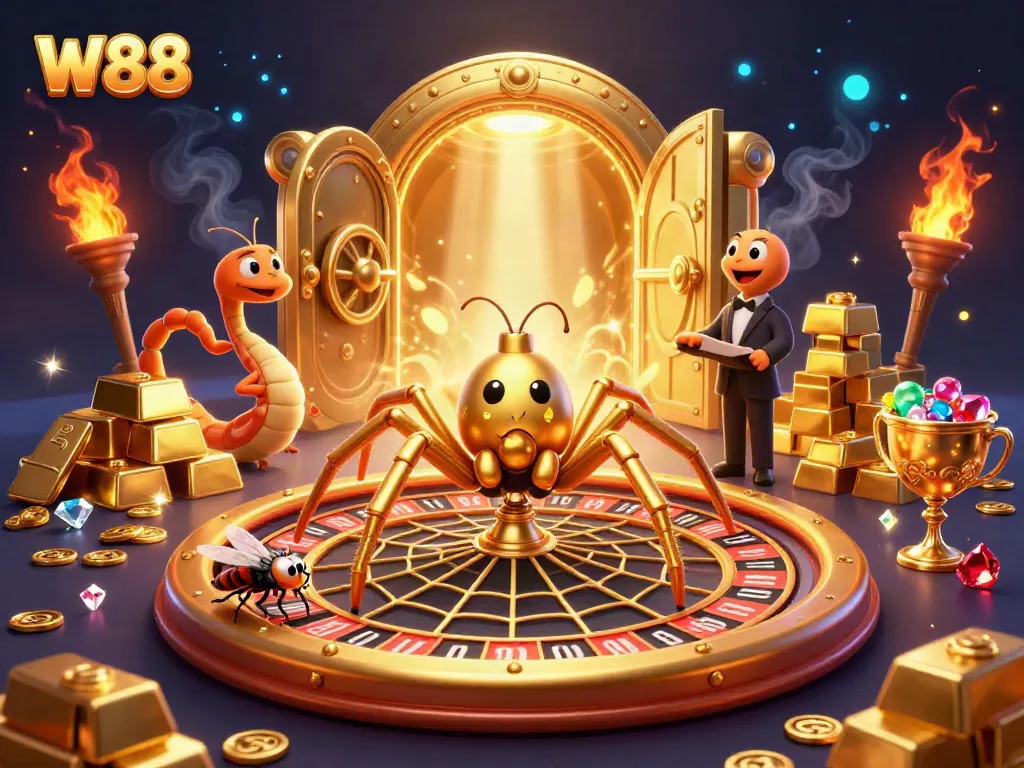 Experience the thrill of betting at W88 with vibrant casino scenes filled with gold and excitement.