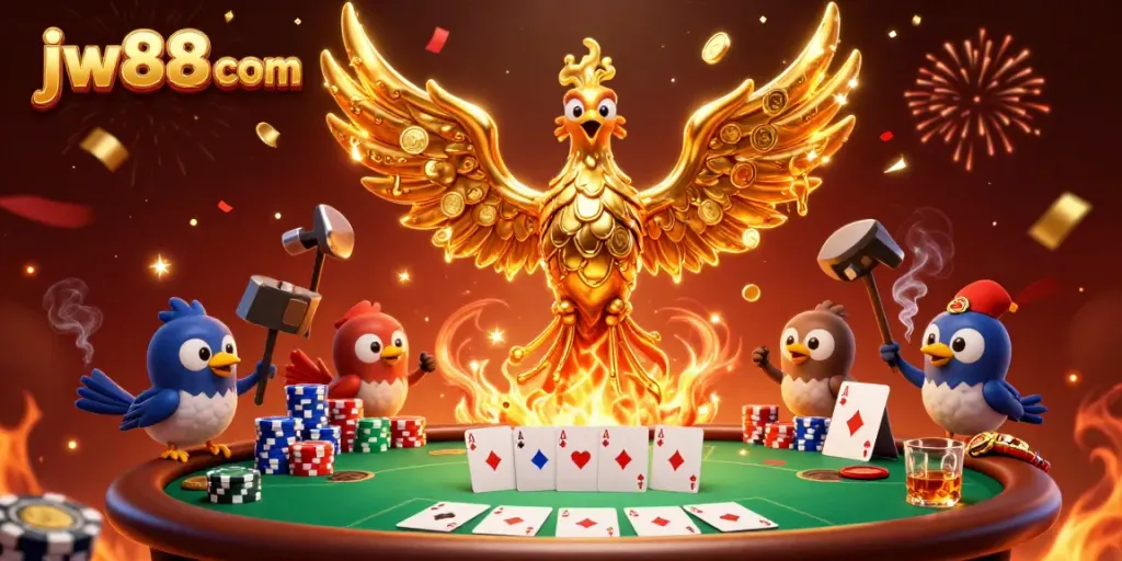 Experience the thrill at jw88 com with vibrant casino action featuring a golden phoenix and poker elements.