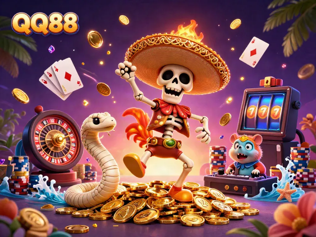 Experience winning moments with QQ88's vibrant casino illustration featuring animated characters and dynamic symbols.