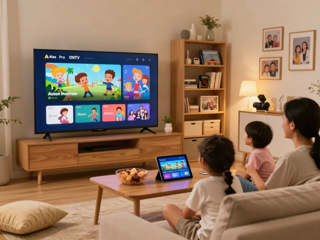 Famille utilisant l'application atlas pro ontv dans leur salon chaleureux.