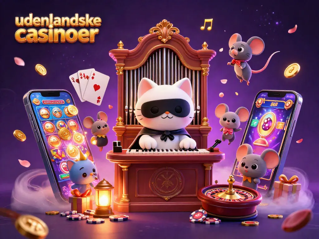 Engage with udenlandske casinoer at an ornate casino organ, featuring lively characters and gaming elements in a vibrant scene.