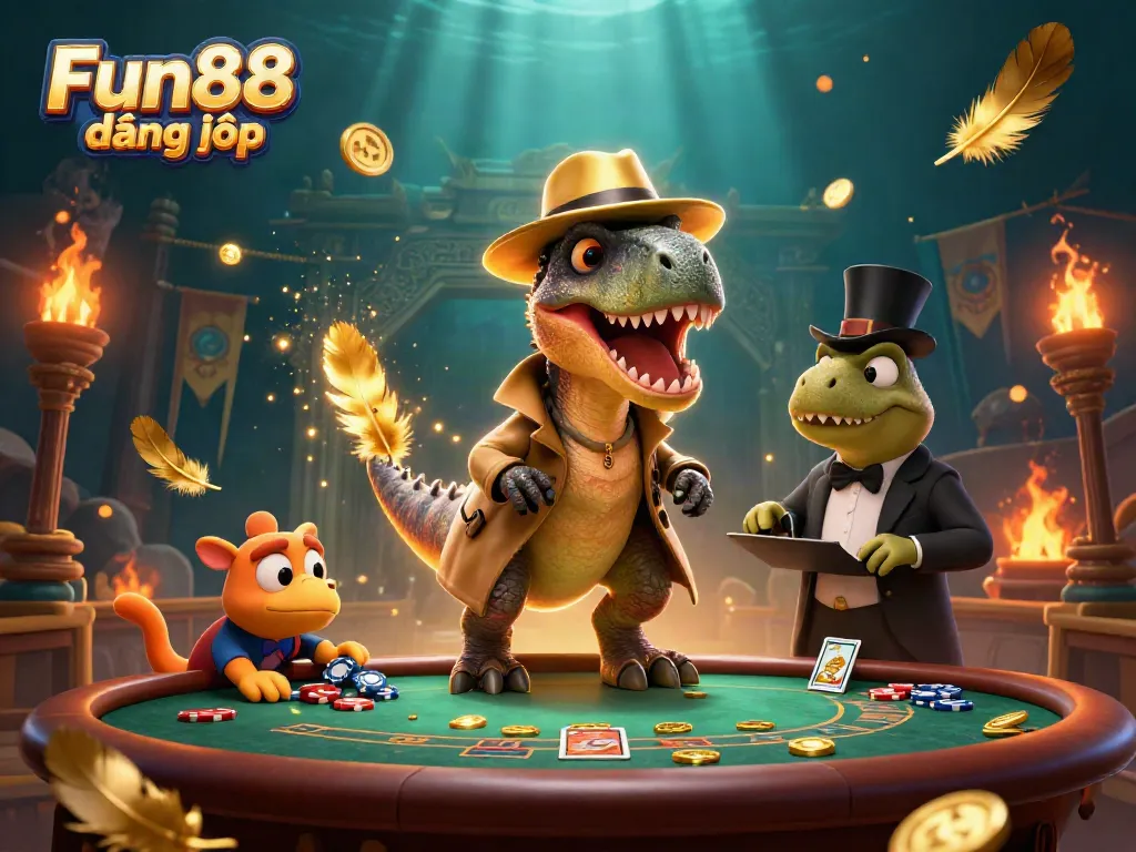 Experience the thrilling Fun88 đăng nhập amidst vibrant casino action with cartoon velociraptor and friends.