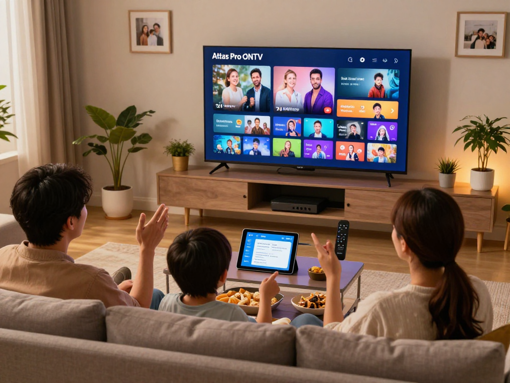 Famille profitant d'une soirée cinéma avec Atlas Pro, regardant des chaînes variées sur grand écran dans un salon confortable.