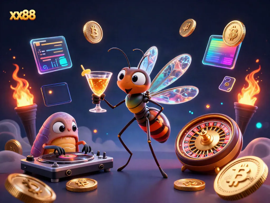 Engage with the vibrant world of xx88, featuring a whimsical casino scene with animated characters and dynamic crypto elements.