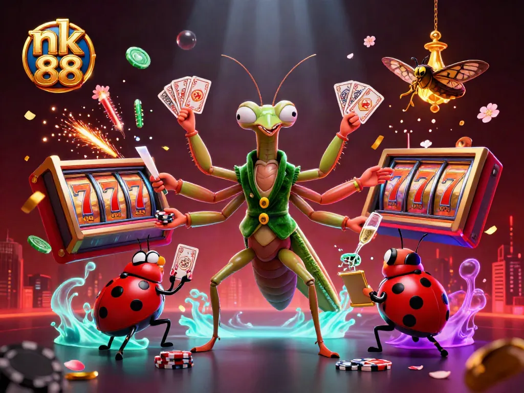 Experience nk 88 with a vibrant visual of a giant praying mantis card sharp dynamically dealing cards in a lively casino setting.