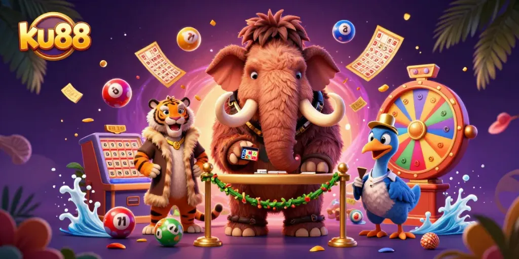 ku88 engages players in a vibrant casino scene with bouncing lottery balls and dynamic game elements.