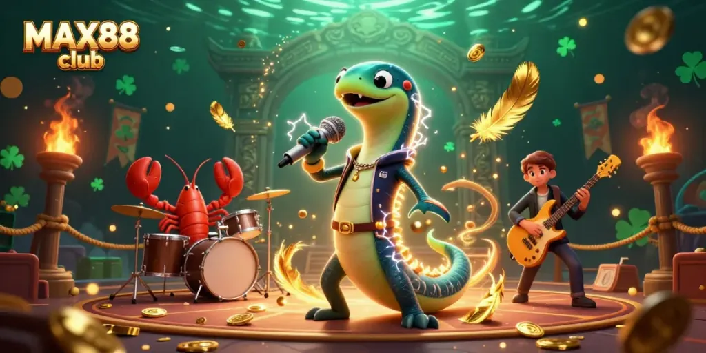 A vibrant scene of the MAX88 club featuring an electric eel DJ, lobster drummer, and seahorse guitarist performing in a lavish underwater casino.