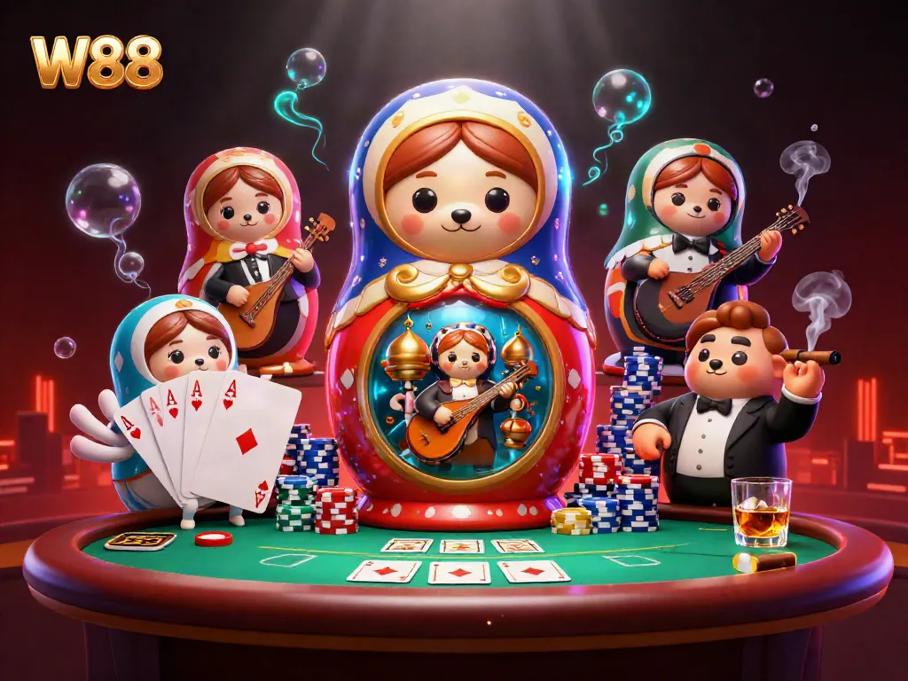 W88 casino features a vibrant 3D cartoon scene with a Matryoshka bear and casino dealer bears.