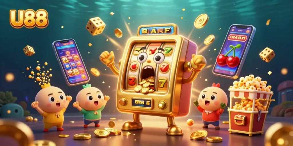 U88 slots bring excitement as golden coins burst from winning machines in a vibrant casino scene.