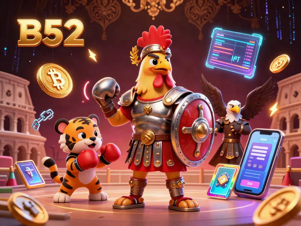 Engage in thrilling B52 gaming adventures with a dynamic illustration featuring a gladiator rooster amidst vibrant crypto elements.