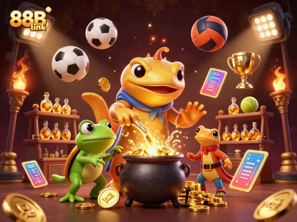 Experience the excitement of betting with 88B link in a lively, animated gaming scene filled with gold coins and sports elements.
