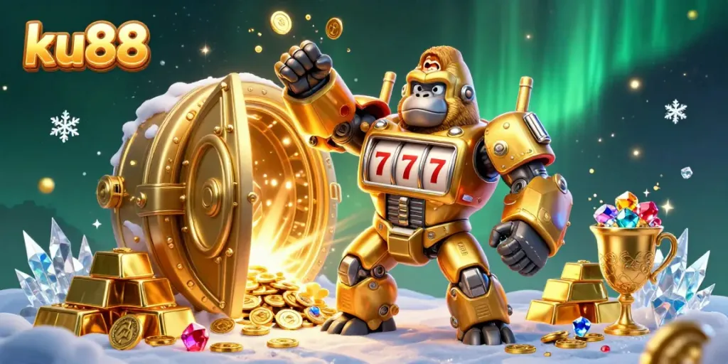 Experience exciting casino action with ku88's dynamic 3D illustration featuring a golden gorilla mech and vibrant treasures.