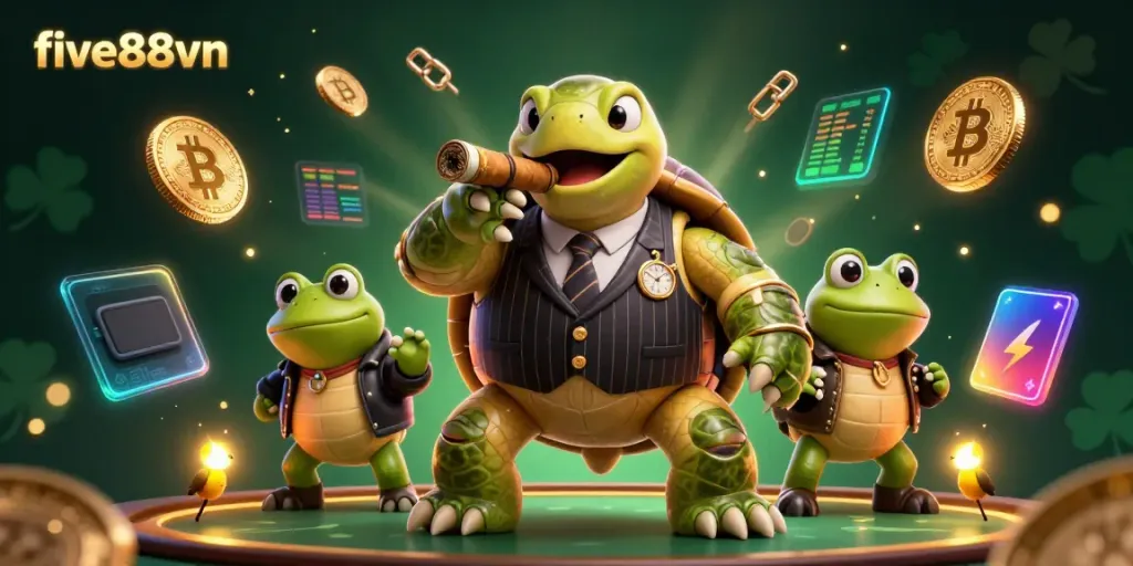 Engage in the five88vn casino experience with a cartoon turtle and bullfrogs in a vibrant crypto-themed scene.