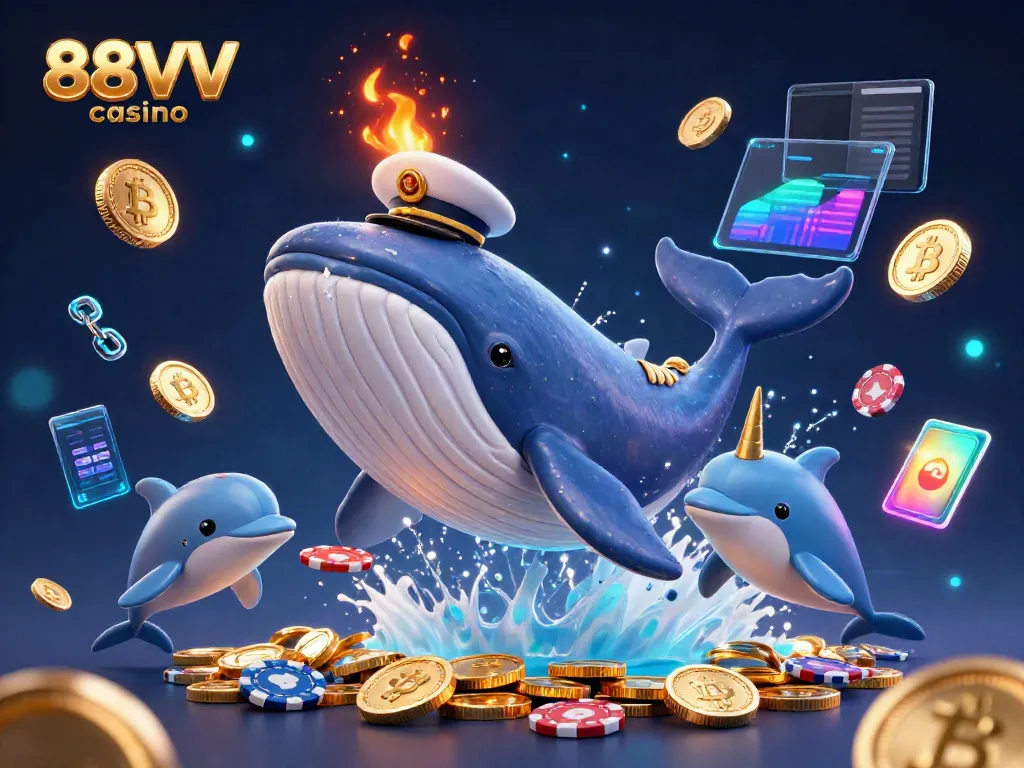 Play an exciting game at 88VV casino, showcased by a cartoon whale and dolphins among glowing coins and crypto elements.