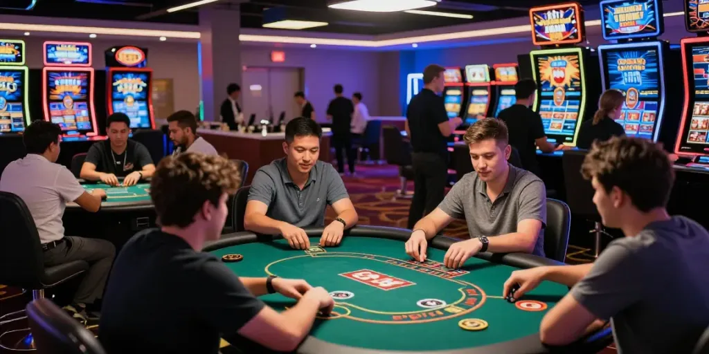 Bonus casino sans dépôt : joueurs profitant d'offres dans un casino en ligne animé et accueillant.