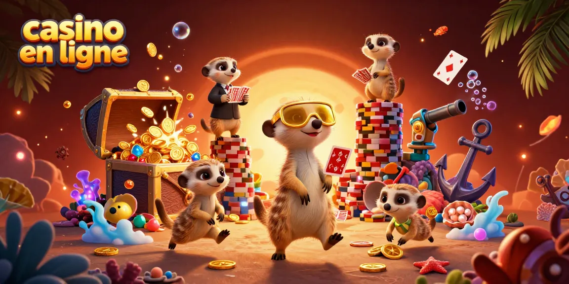 Le casino en ligne animé montre des suricates gérant des jeux de cartes et des jetons, entourés d'une ambiance colorée.