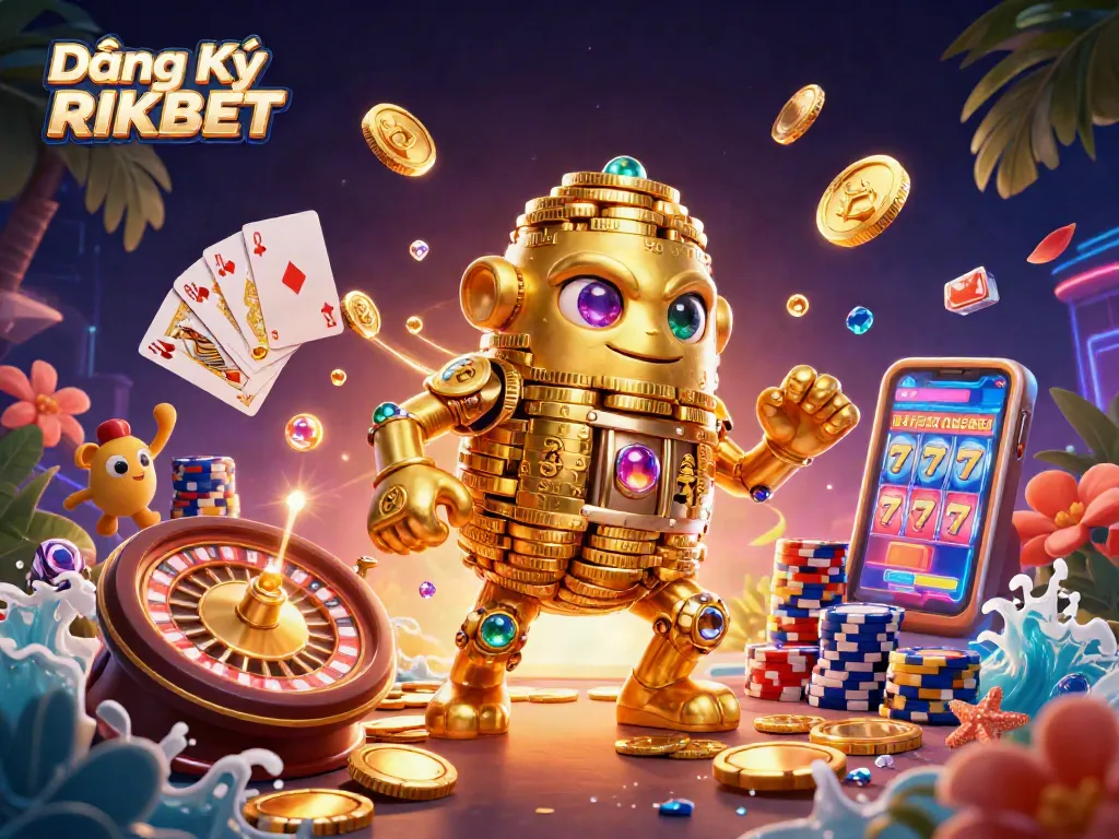 Join the excitement at Đăng Ký RIKBET with stunning casino visuals, golden coins, and vibrant game elements.