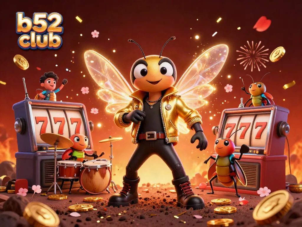 A dynamic 3D scene of the b52 club featuring a rock star cicada and vibrant slot machines amidst confetti and fireworks.