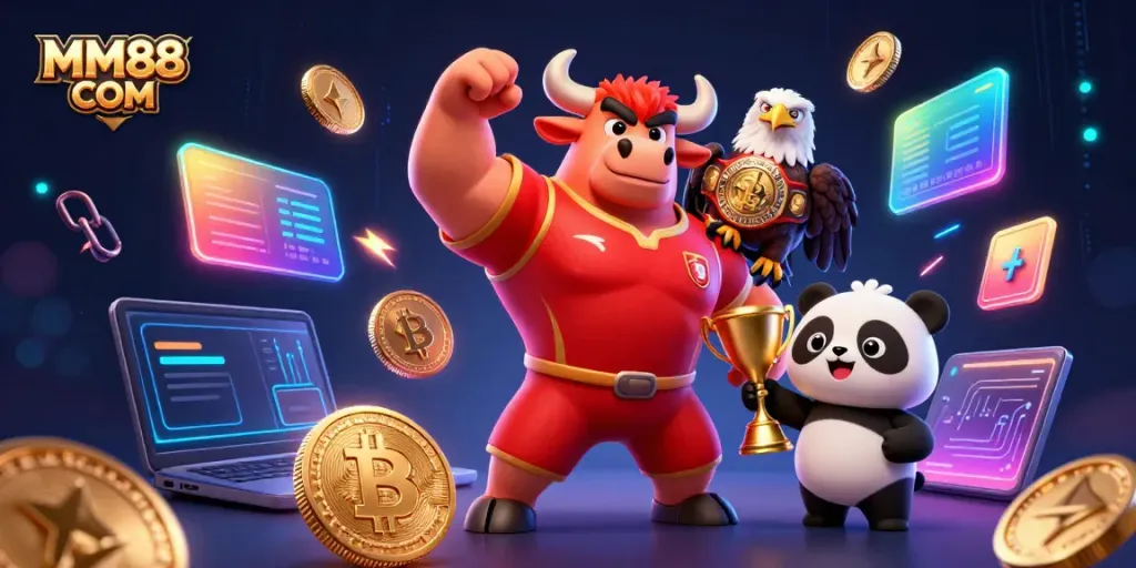 Engage with the vibrant MM88 COM casino scene featuring a bull mascot and digital elements.