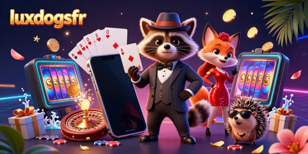 Experience luxury gaming with luxdogsfr through a vibrant 3D illustration filled with dynamic casino elements.