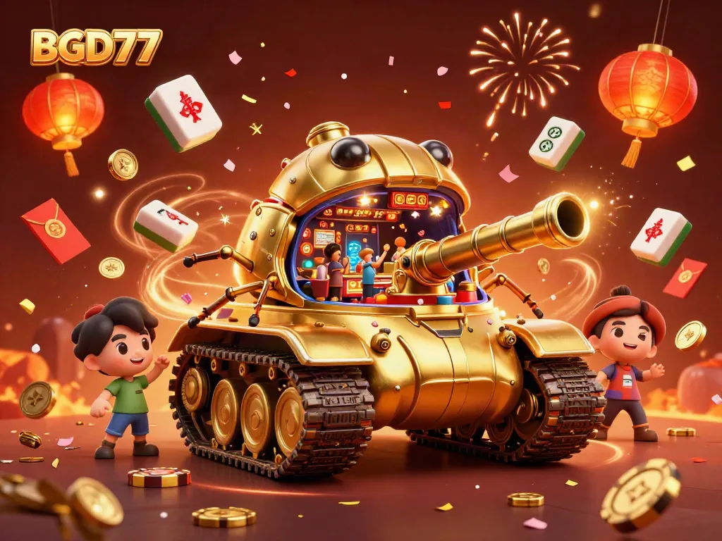 Experience the vibrant world of BGD77 casino with a golden beetle tank revealing a bustling casino.