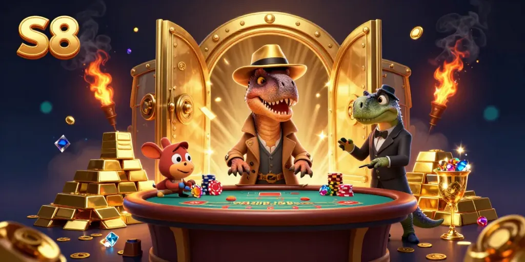 Experience thrilling gameplay at S8 with a velociraptor card counter and a stegosaurus overseeing a vibrant casino scene.