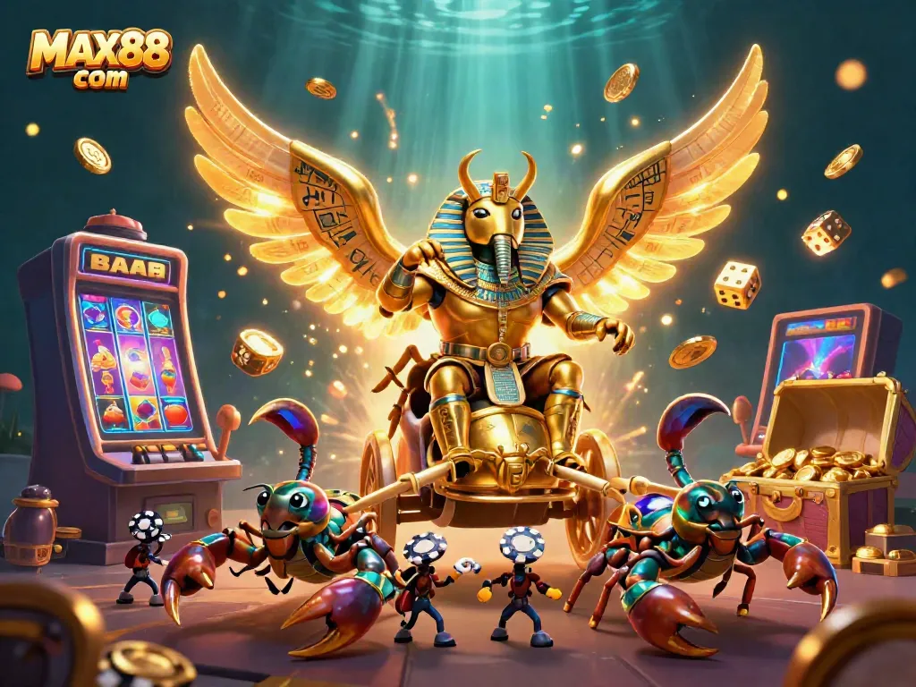 Experience vibrant gaming at MAX88 com with a dynamic 3D casino scene featuring slot machines, golden beetles, and treasures.