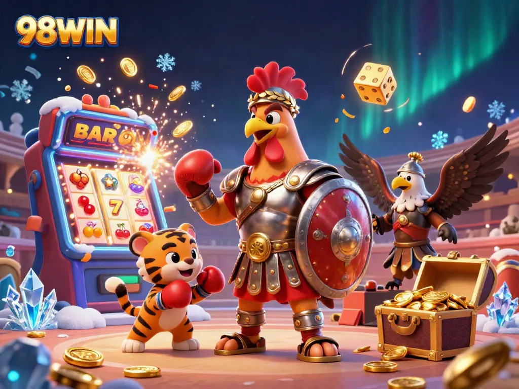 Join the action at 98WIN, where cartoon gladiator rooster and friends celebrate a jackpot explosion!