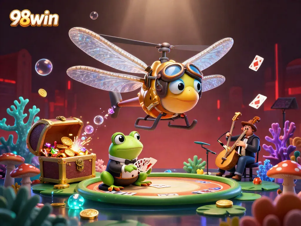 Experience the vibrant world of 98win casino with a whimsical dragonfly pilot, frog croupier, and jazz-playing crickets.