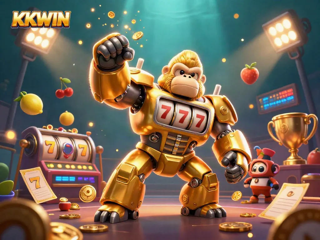 Engage with KKWIN's thrilling casino action featuring a dynamic gorilla mech and vibrant game elements.