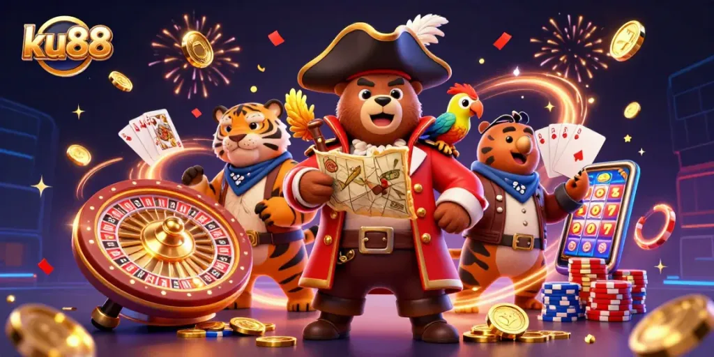 ku88 engages players with vibrant casino-themed art featuring golden coins and dynamic gaming elements.