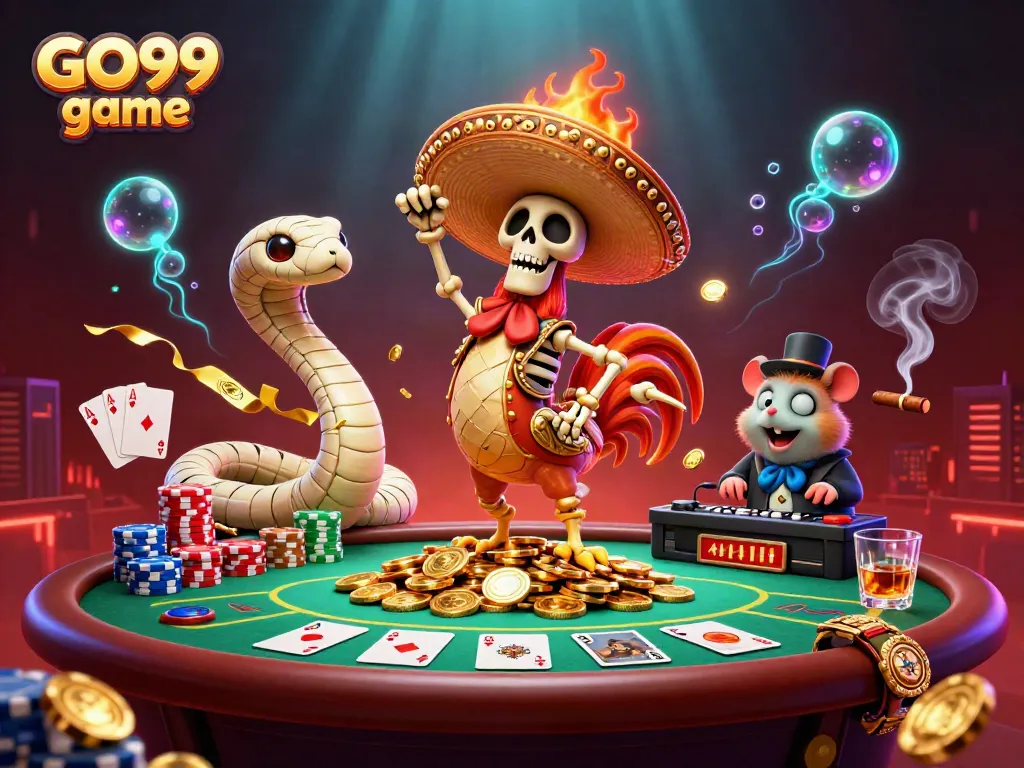 Experience the excitement of GO99 game with a vibrant casino scene featuring a mariachi rooster and poker elements.