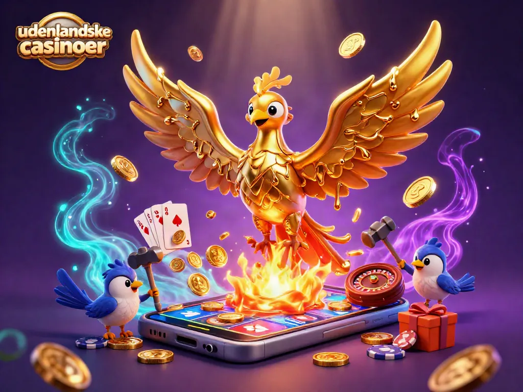 Experience the excitement of udenlandske casinoer with vibrant game elements and a majestic golden phoenix.