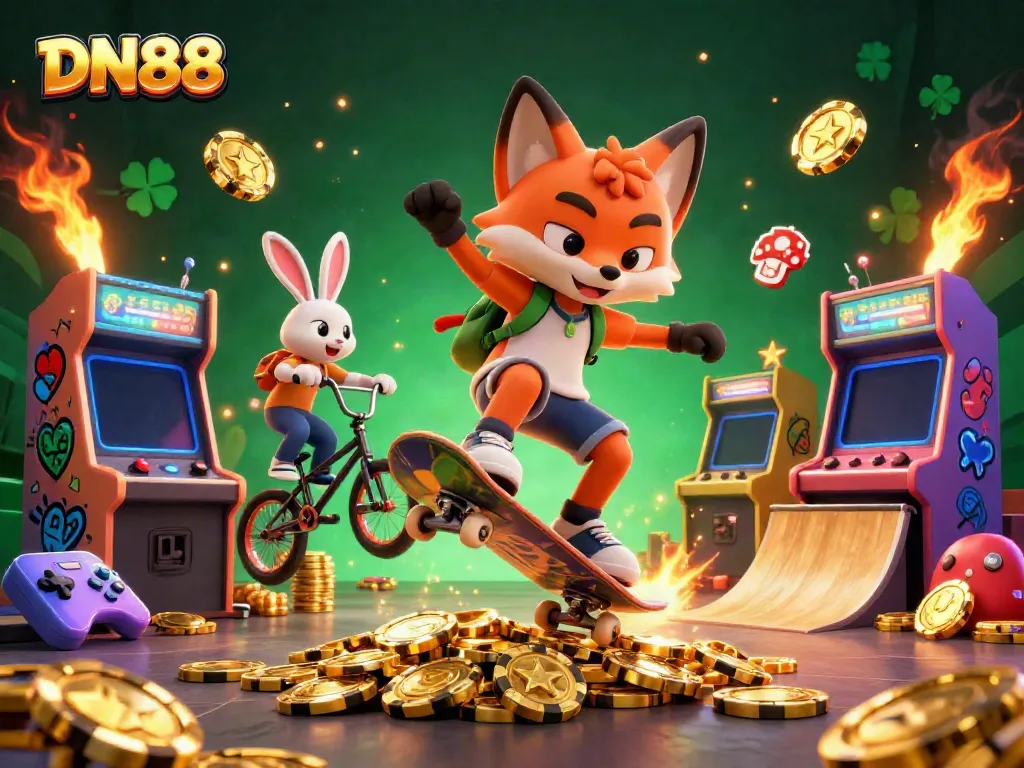 Experience gaming adrenaline with DN88 as a skateboarder fox performs tricks over golden poker chips, surrounded by arcade elements.