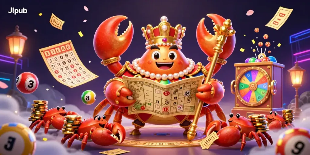 Experience the thrilling world of Jlpub with this dynamic illustration of a golden crab emperor amid colorful lottery elements and treasures.